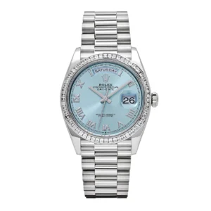 Rolex Day-Date 128396TBR Platinum Ice Blue Dial Diamond Bezel (2024)