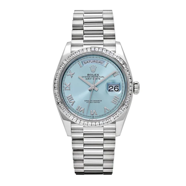Rolex Day-Date 128396TBR Platinum Ice Blue Dial Diamond Bezel (2024)