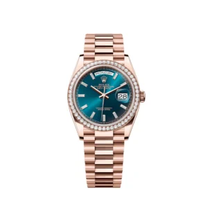 Rolex Day-Date 128345RBR Rose Gold Diamond Bezel Blue-Green Baguette Marker Dial