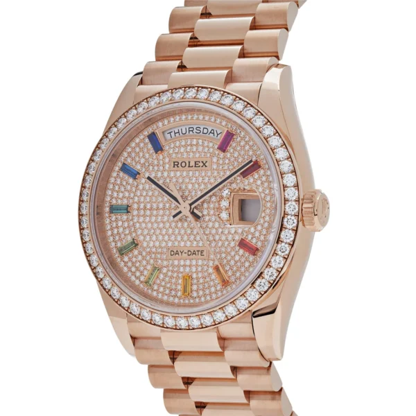 Luxury Watch Rolex Day-Date 36 Rose Gold Diamond Bezel Diamond Pave Dial 128345RBR Wrist Aficionado Luxury Watch Rolex Day-Date 36 Rose Gold Diamond Bezel Diamond Pave Dial 128345RBR Wrist Aficionado Luxury Watch Rolex Day-Date 36 Rose Gold Diamond Bezel Diamond Pave Dial 128345RBR Wrist Aficionado Try It On Rolex Day-Date 128345RBR Rose Gold Rainbow Diamond Pave Dial (2021) - Image 2