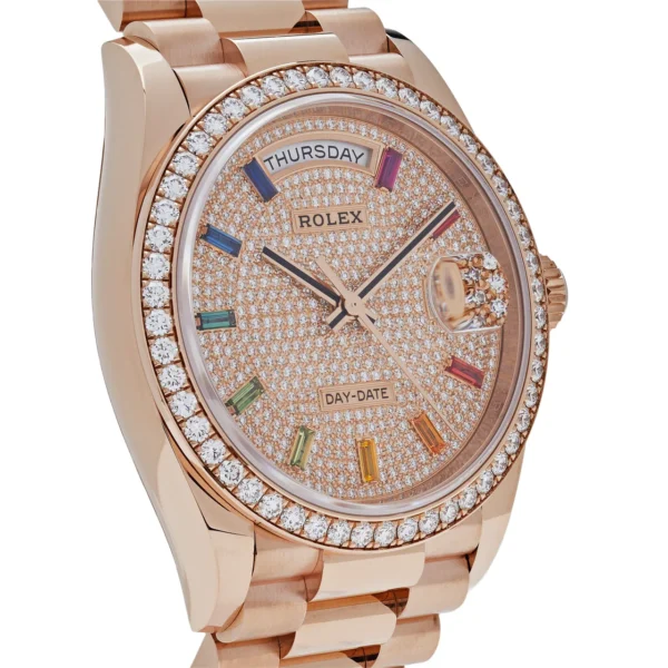 Luxury Watch Rolex Day-Date 36 Rose Gold Diamond Bezel Diamond Pave Dial 128345RBR Wrist Aficionado Luxury Watch Rolex Day-Date 36 Rose Gold Diamond Bezel Diamond Pave Dial 128345RBR Wrist Aficionado Luxury Watch Rolex Day-Date 36 Rose Gold Diamond Bezel Diamond Pave Dial 128345RBR Wrist Aficionado Try It On Rolex Day-Date 128345RBR Rose Gold Rainbow Diamond Pave Dial (2021) - Image 3