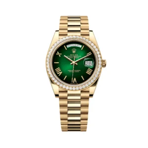Rolex Day-Date 228348RBR Yellow Gold Green Ombre Roman Numeral Dial Diamond Bezel